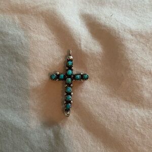 Native American Cross Pendant Turquoise/Coral Reversible Sterling